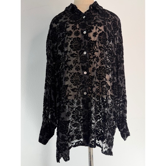 Ann Taylor Tops - VTG 90s Ann Taylor Black Velvet Burnout Button Front Top Whimsigoth Fairy Grunge